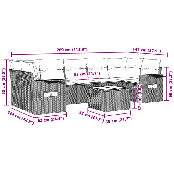 vidaXL 8-delige Loungeset met kussens poly rattan lichtgrijs