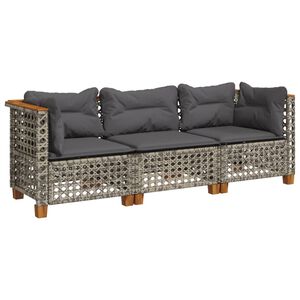 vidaXL Tuinbank 3-zits met kussens poly rattan grijs