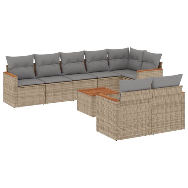 vidaXL 9-delige Loungeset met kussens poly rattan beige