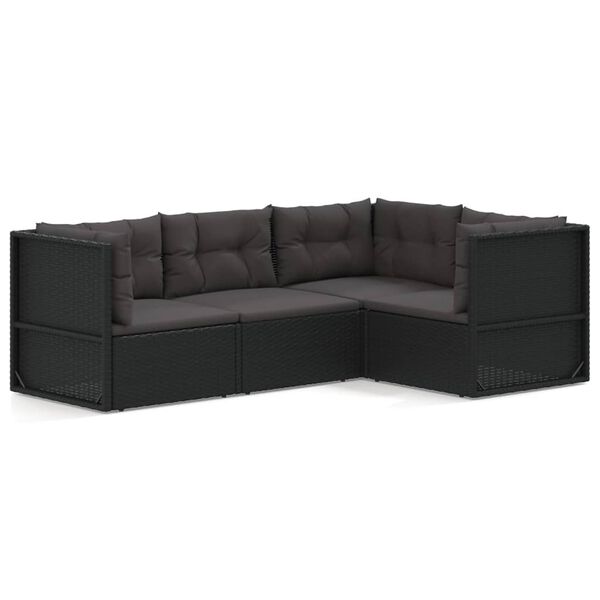 vidaXL 4-delige Loungeset met kussens poly rattan zwart