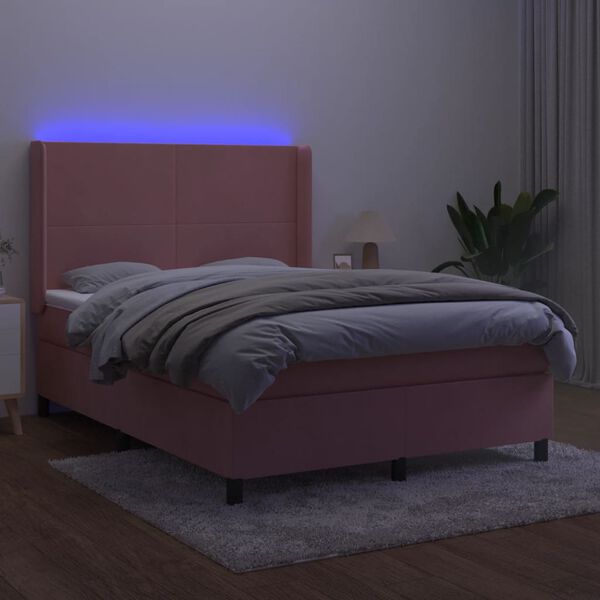 vidaXL Boxspring met matras en LED fluweel roze 140x190 cm