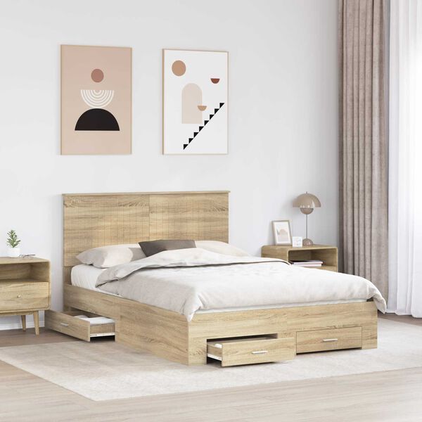 vidaXL Bedframe met hoofdeinde Sonoma Eiken 135 x 190 cm Bewerkt hout