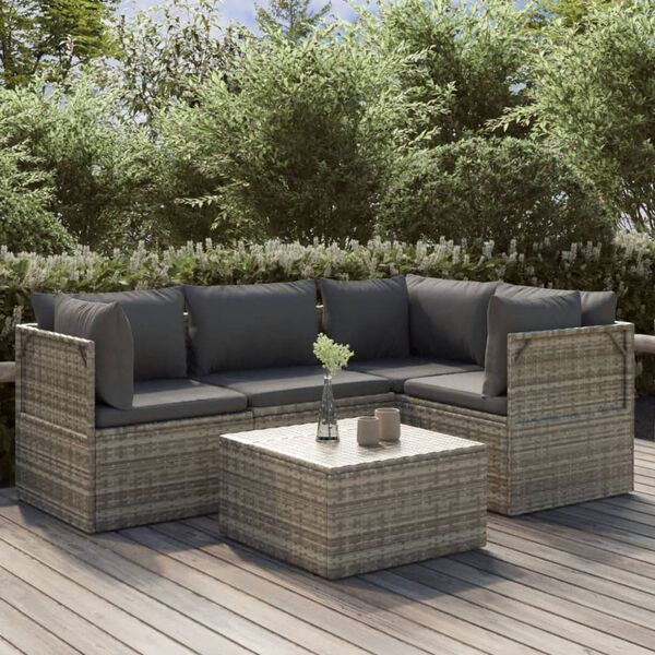 vidaXL 5-delige Loungeset met kussens poly rattan grijs