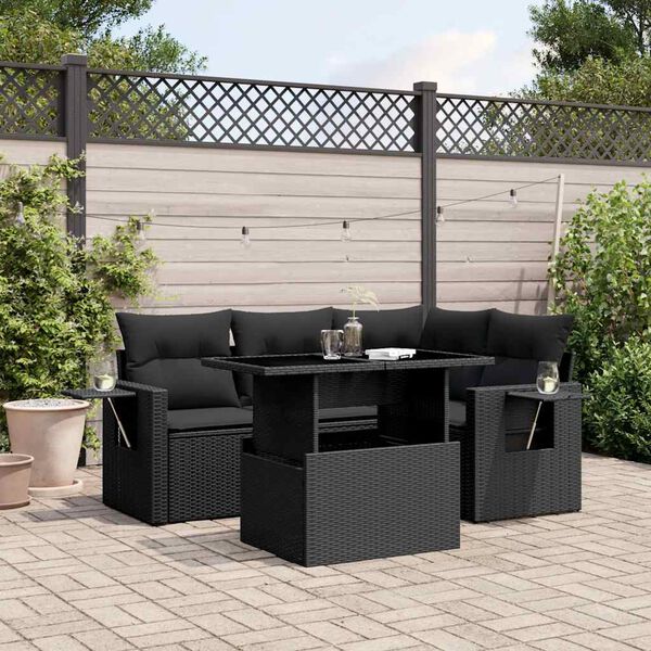 vidaXL 5-delige Loungeset met kussens poly rattan zwart