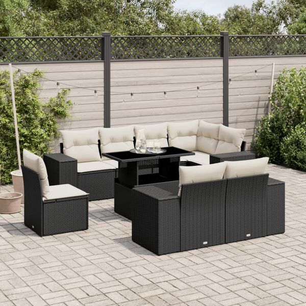 vidaXL 9-delige Loungeset met kussens poly rattan zwart