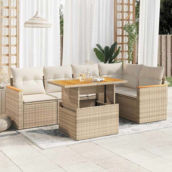 vidaXL 6-delige Loungeset met kussens poly rattan acacia beige