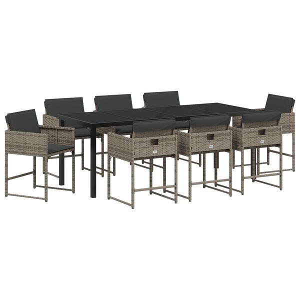 vidaXL Tuin eettafelset met kussen 9 pcs Grijs poly rattan