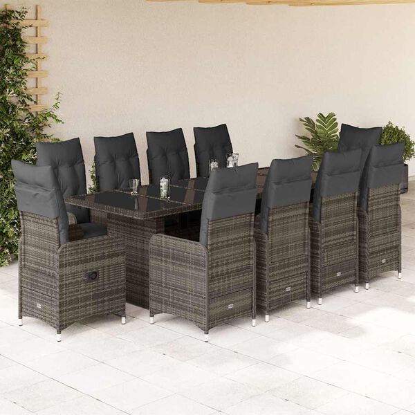 vidaXL 11-delige Bistroset met kussens poly rattan grijs