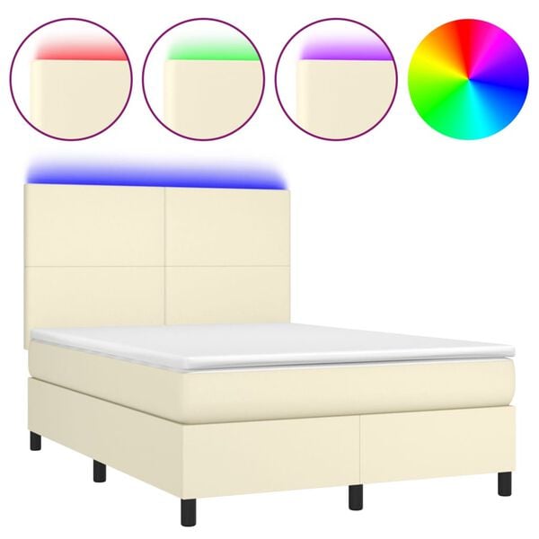 vidaXL Boxspring met matras en LED kunstleer cr&egrave;mekleurig 140x190 cm