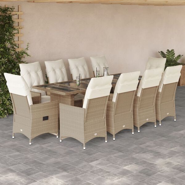 vidaXL 11-delige Bistroset met kussens poly rattan beige