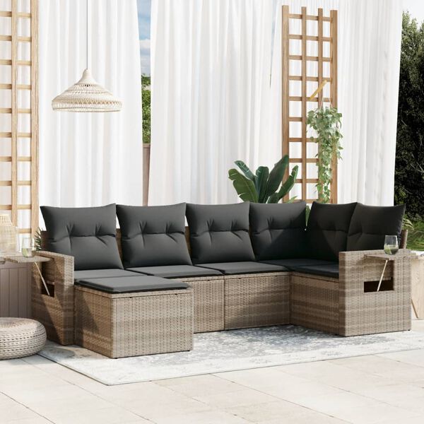 vidaXL 6-delige Loungeset met kussens poly rattan lichtgrijs