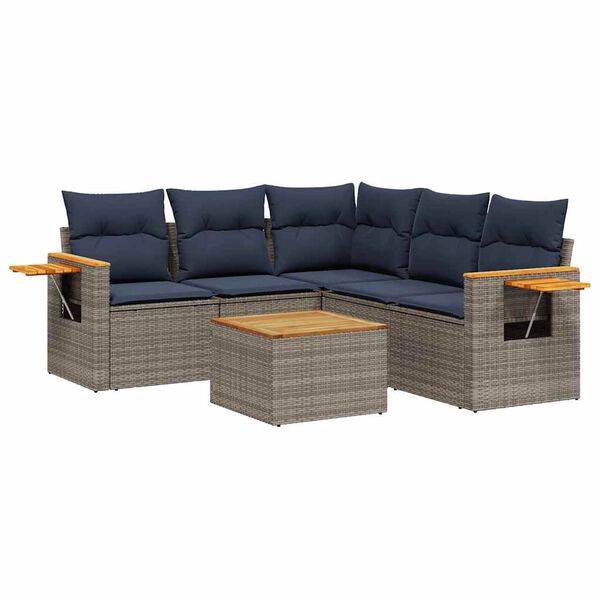 vidaXL 6-delige Loungeset met kussens poly rattan grijs