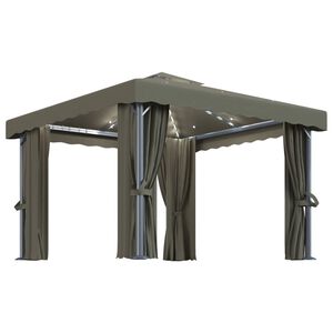 vidaXL Prieel met gordijn en LED-lichtslinger 3x3 m taupe