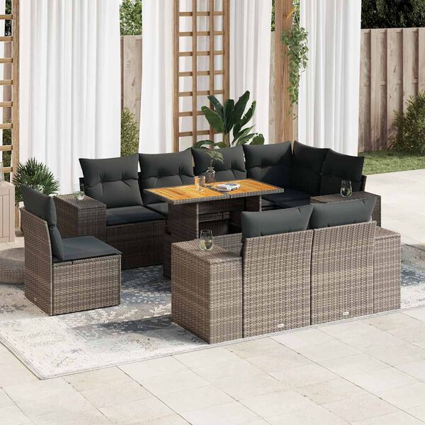vidaXL 9-delige Loungeset met kussens poly rattan grijs
