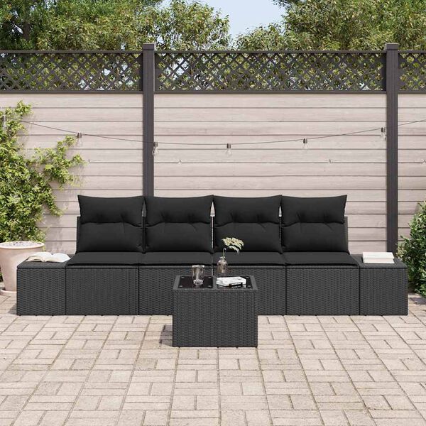 vidaXL Bankstel met kussen met kussen 5 pcs Zwart poly rattan