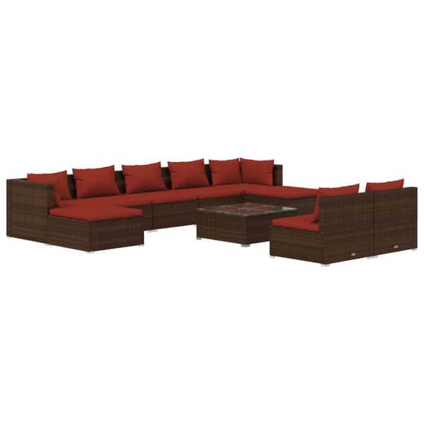 vidaXL 10-delige Loungeset met kussens poly rattan bruin