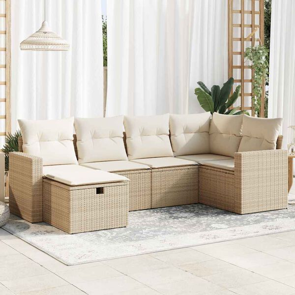 vidaXL 6-delige Loungeset met kussens poly rattan beige