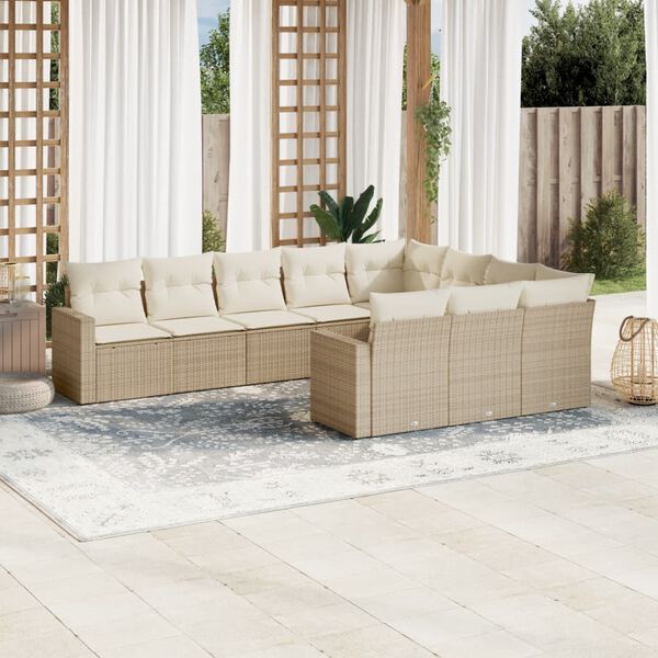 vidaXL 10-delige Loungeset met kussens poly rattan beige