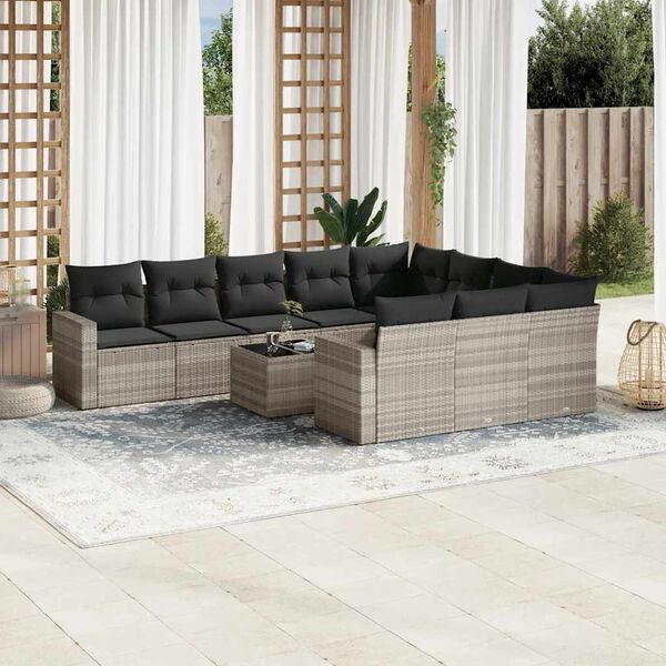 vidaXL 11-delige Loungeset met kussens poly rattan lichtgrijs