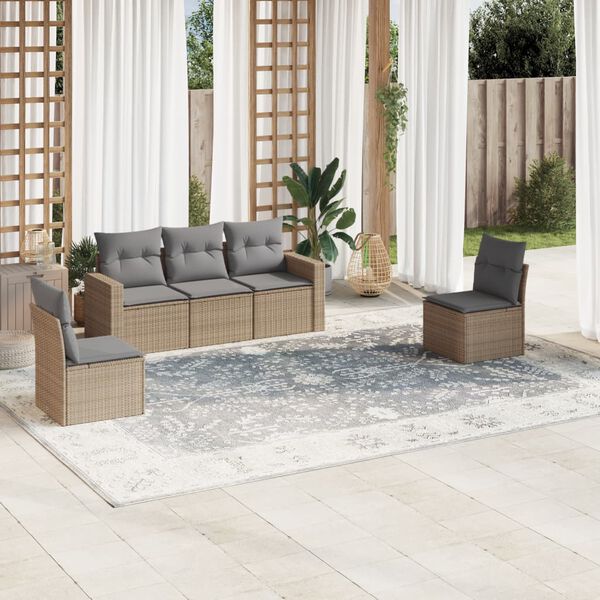 vidaXL 5-delige Loungeset met kussens poly rattan beige
