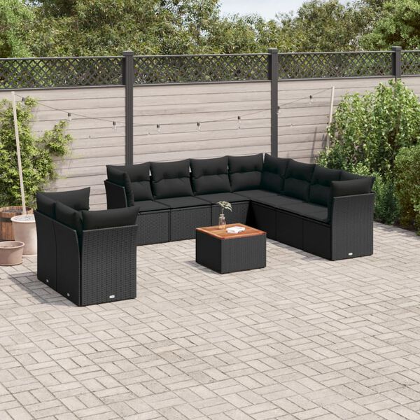 vidaXL 10-delige Loungeset met kussens poly rattan zwart