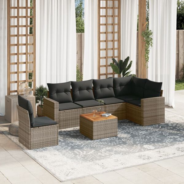 vidaXL 7-delige Loungeset met kussens poly rattan grijs