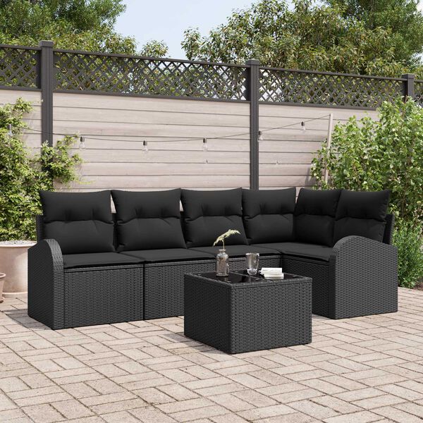 vidaXL Bankstel met kussen met opslag 6 pcs Zwart poly rattan