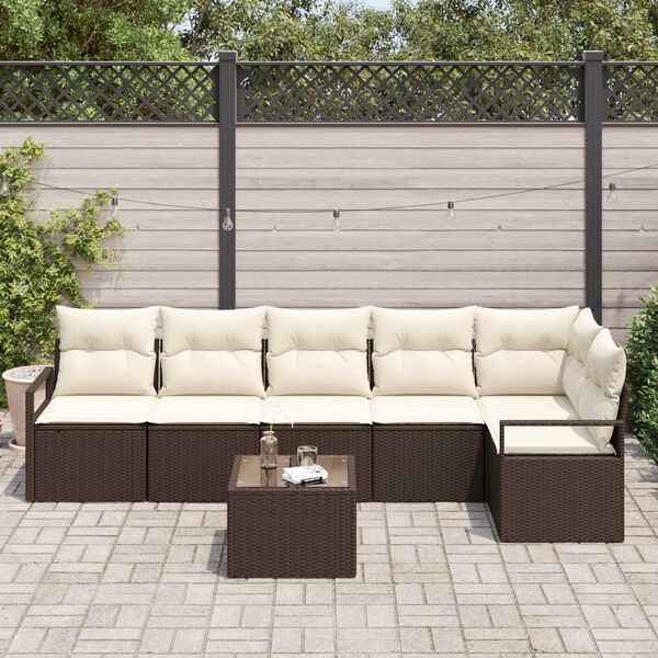vidaXL Tuinbankenset met kussen 7 pcs Bruin en Cr&egrave;me poly rattan
