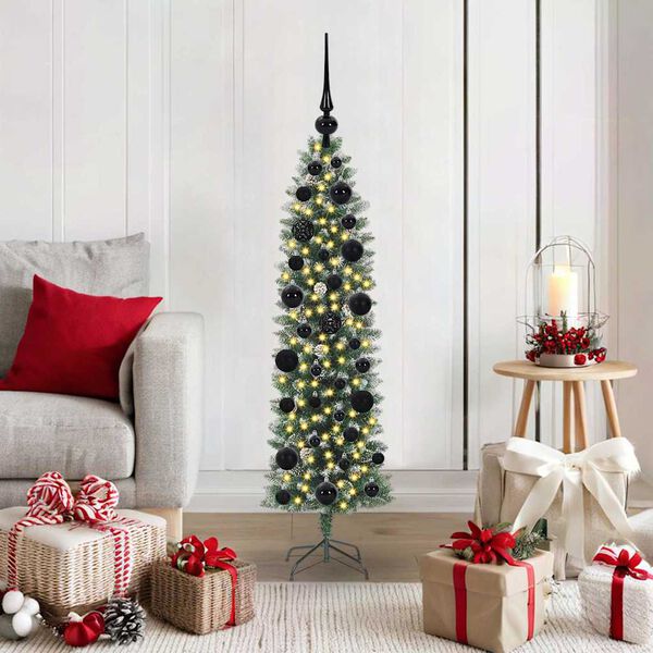 vidaXL Kunstmatige slanke kerstboom met 150 LED Groen en Wit 120 cm
