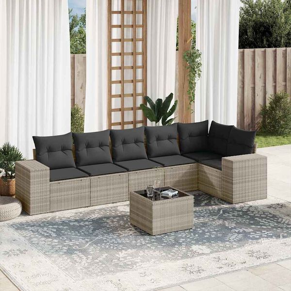 vidaXL 7-delige Loungeset met kussens poly rattan lichtgrijs
