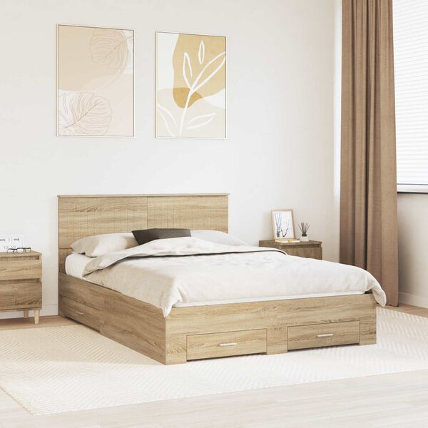 vidaXL Bedframe met hoofdeinde Sonoma Eiken 135 x 190 cm Bewerkt hout