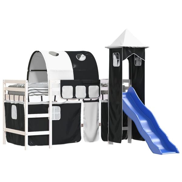 vidaXL Kinderhoogslaper met toren 80x200 cm grenenhout wit en zwart