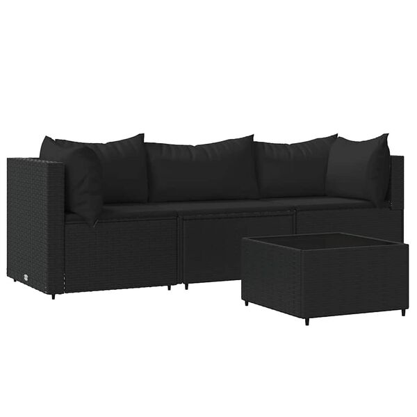 vidaXL 4-delige Loungeset met kussens poly rattan zwart
