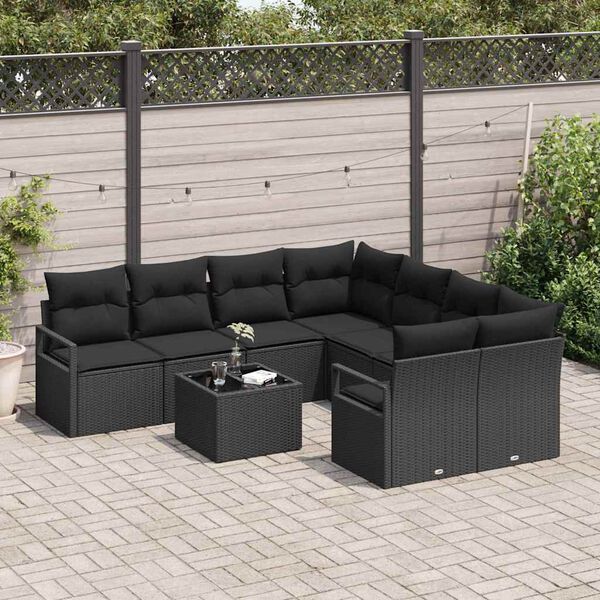 vidaXL Bankstel met kussen 9 pcs Zwart poly rattan