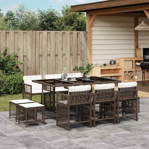 vidaXL 11-delige Tuinset met kussens poly rattan bruin