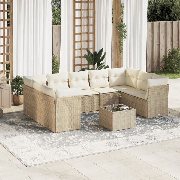 vidaXL 10-delige Loungeset met kussens poly rattan beige
