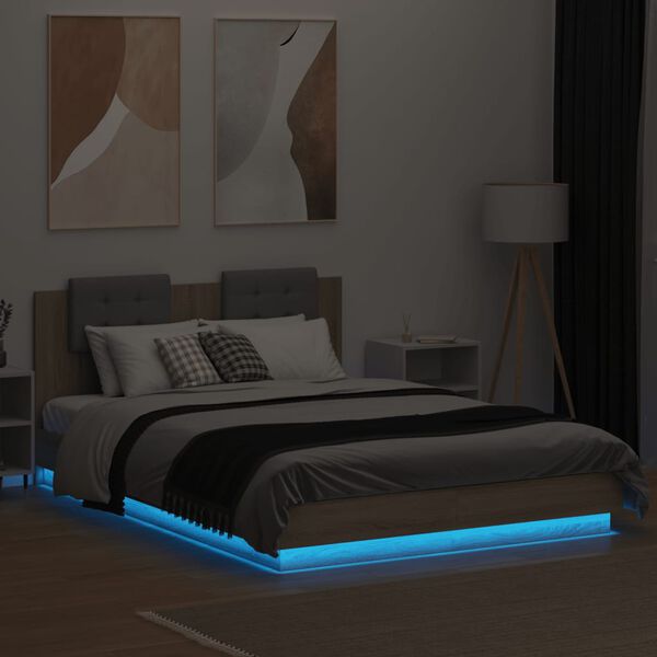 vidaXL Bedframe met hoofdbord en LED sonoma eikenkleurig 140x200 cm