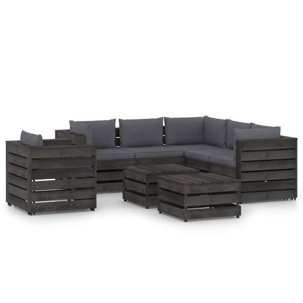 vidaXL 8-delige Loungeset met kussens grijs ge&iuml;mpregneerd hout