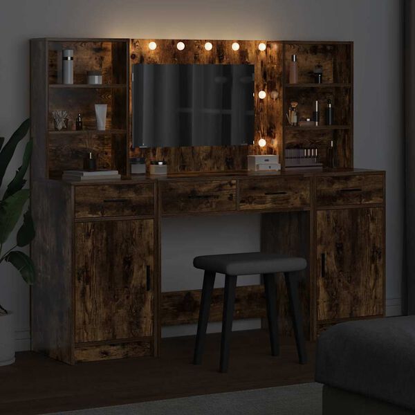 vidaXL Make-up tafel set met LED 3 pcs Gerookt eiken Bewerkt hout