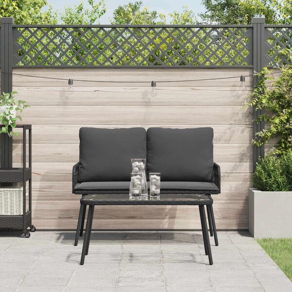 vidaXL Tuin eettafelset met kussen 2 pcs Zwart poly rattan