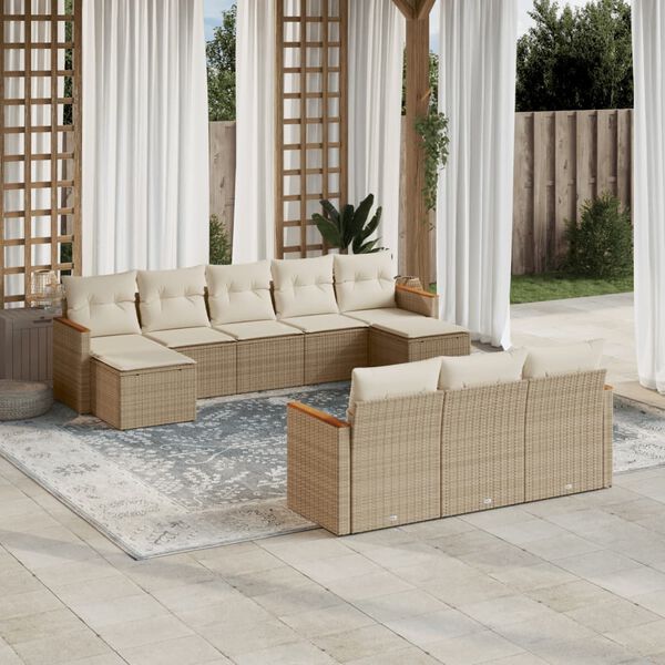 vidaXL 10-delige Loungeset met kussens poly rattan beige