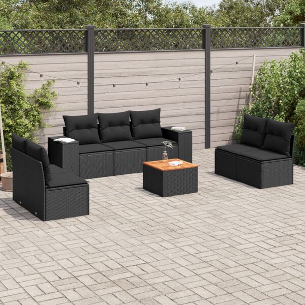 vidaXL 8-delige Loungeset met kussens poly rattan zwart