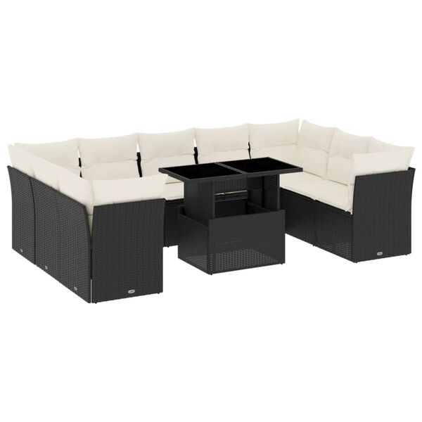 vidaXL 10-delige Loungeset met kussens poly rattan zwart
