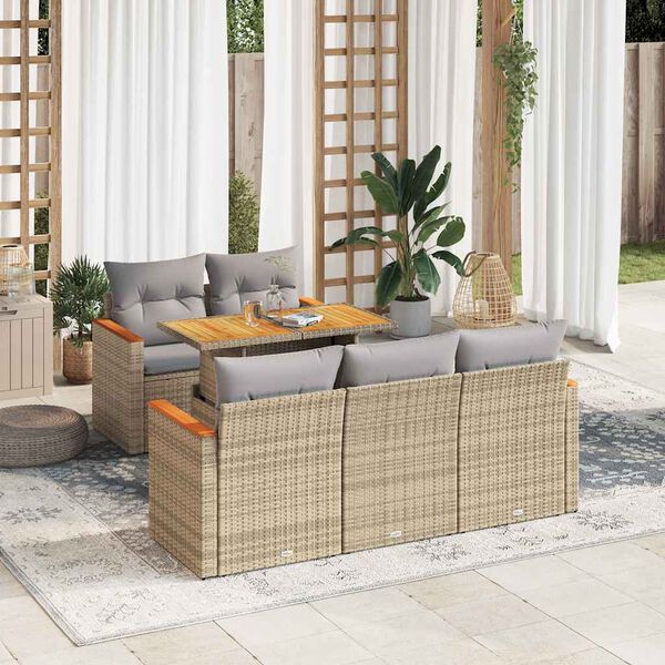vidaXL 6-delige Loungeset met kussens poly rattan acacia beige
