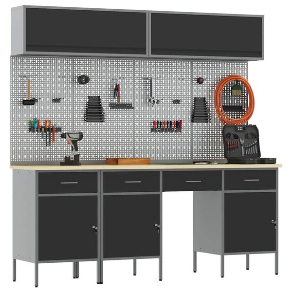 vidaXL Werkkast set met lade met opslag met slot 10 pcs Zwart