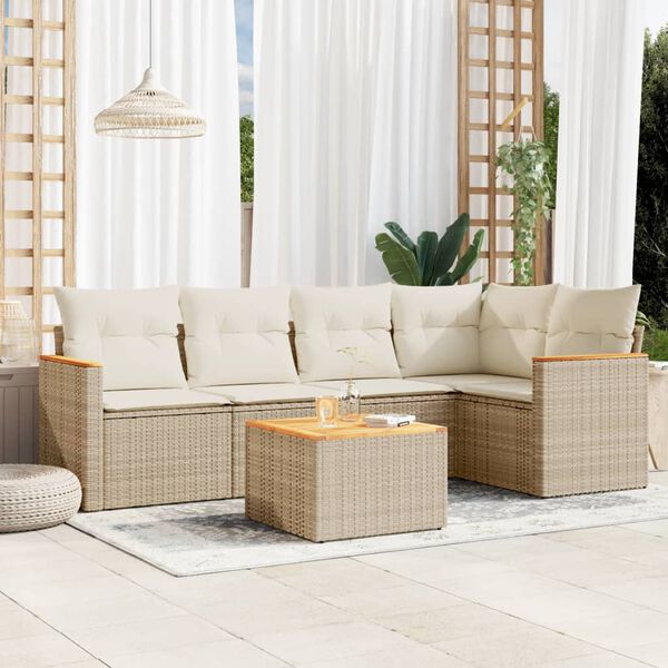 vidaXL 6-delige Loungeset met kussens poly rattan beige