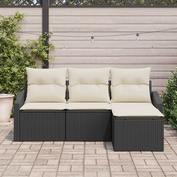 vidaXL Bankstel met kussen met opslag 4 pcs Zwart en Crème poly rattan