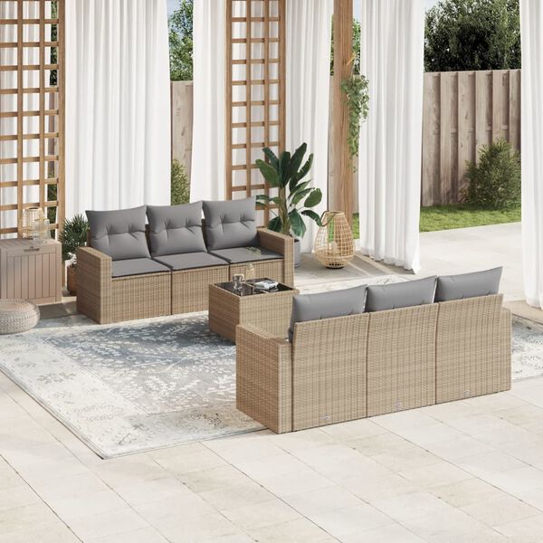 vidaXL 7-delige Loungeset met kussens poly rattan beige