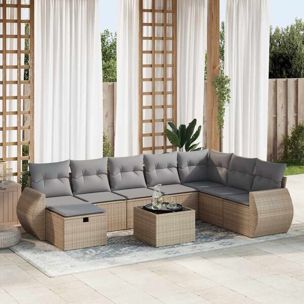 vidaXL 9-delige Loungeset met kussens poly rattan beige