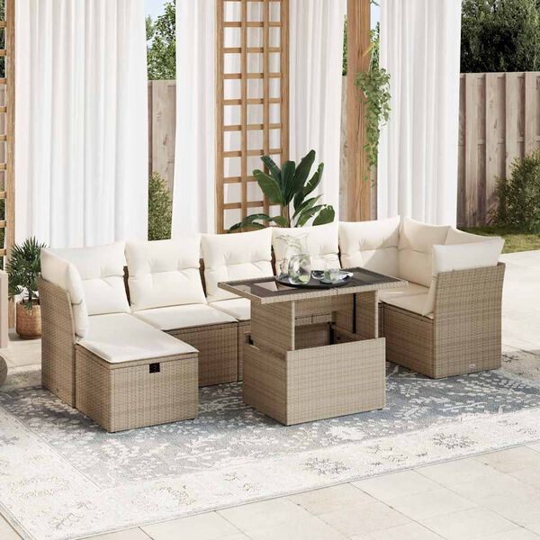 vidaXL 8-delige Loungeset met kussens poly rattan beige